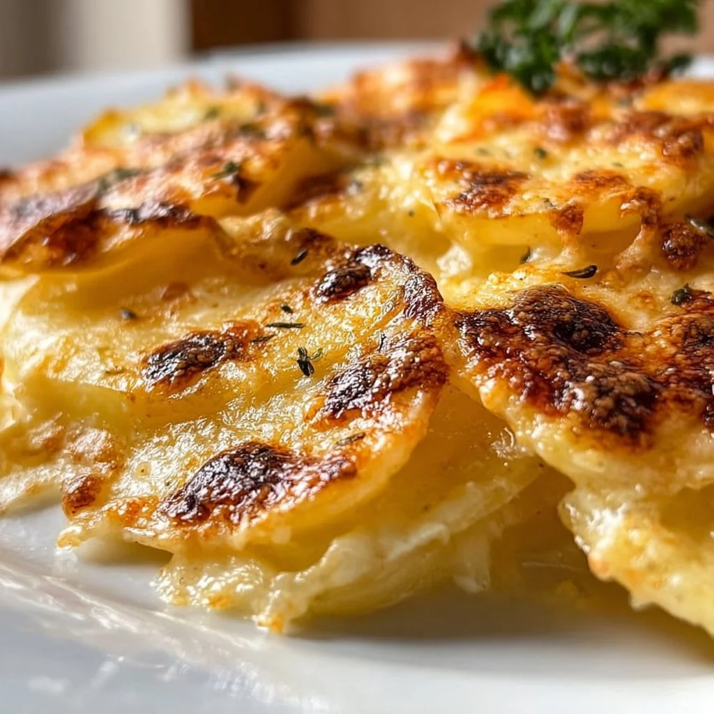 Creamy crockpot scalloped potatoes dish served in a white bowl