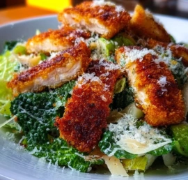 Delicious Crispy Chicken Caesar Salad with crispy chicken, romaine, and dressing