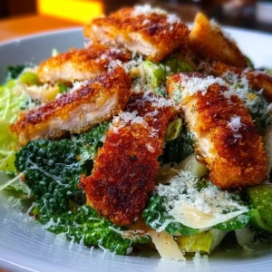 Delicious Crispy Chicken Caesar Salad with crispy chicken, romaine, and dressing