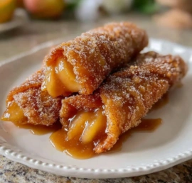 Crispy peach cobbler egg rolls served on a plate with vanilla ice cream