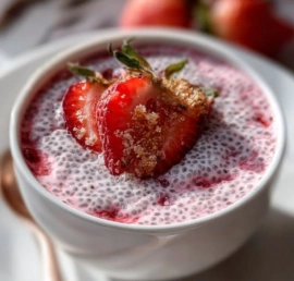 Bowl of creamy strawberry chia pudding topped with fresh strawberries and chia seeds