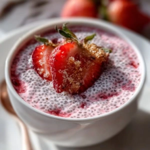 Bowl of creamy strawberry chia pudding topped with fresh strawberries and chia seeds