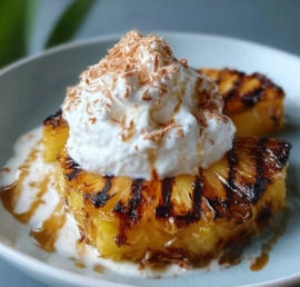 Delicious grilled pineapple slices served with coconut cinnamon whipped cream