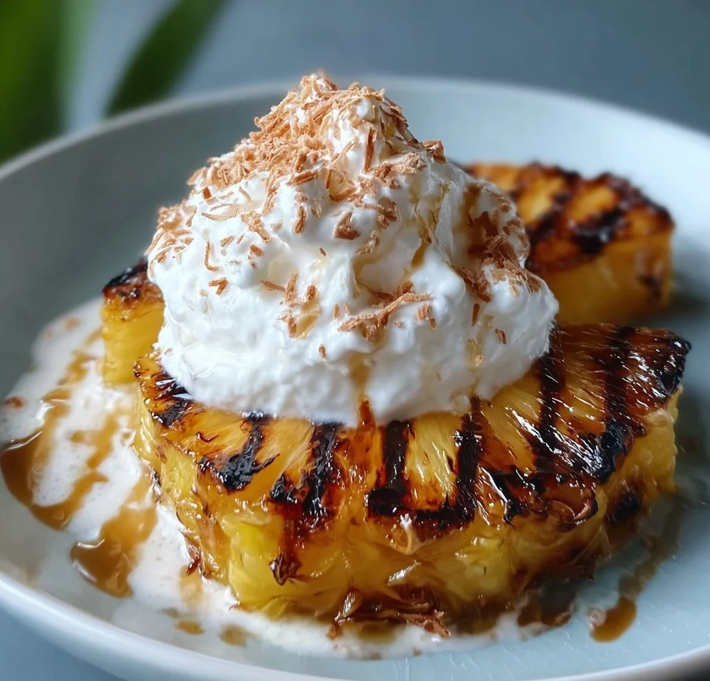 Delicious grilled pineapple slices served with coconut cinnamon whipped cream