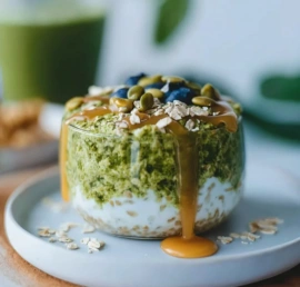 Bowl of delicious matcha overnight oats with toppings
