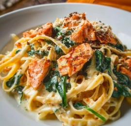 Delicious salmon pasta with spinach served in a bowl
