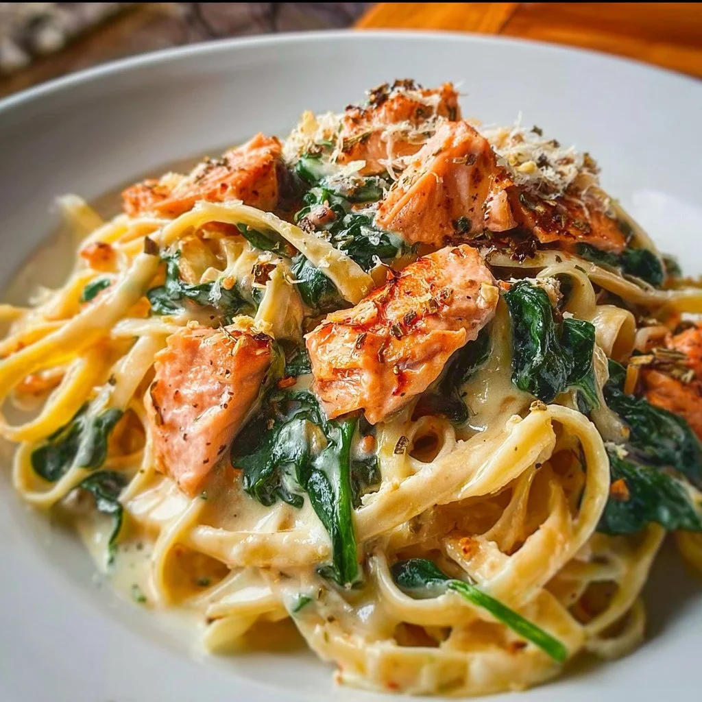 Delicious salmon pasta with spinach served in a bowl