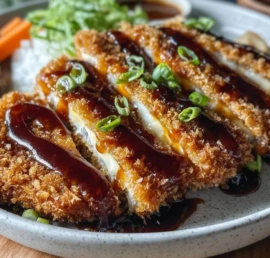 Crispy eggplant katsu served with dipping sauce and garnishes