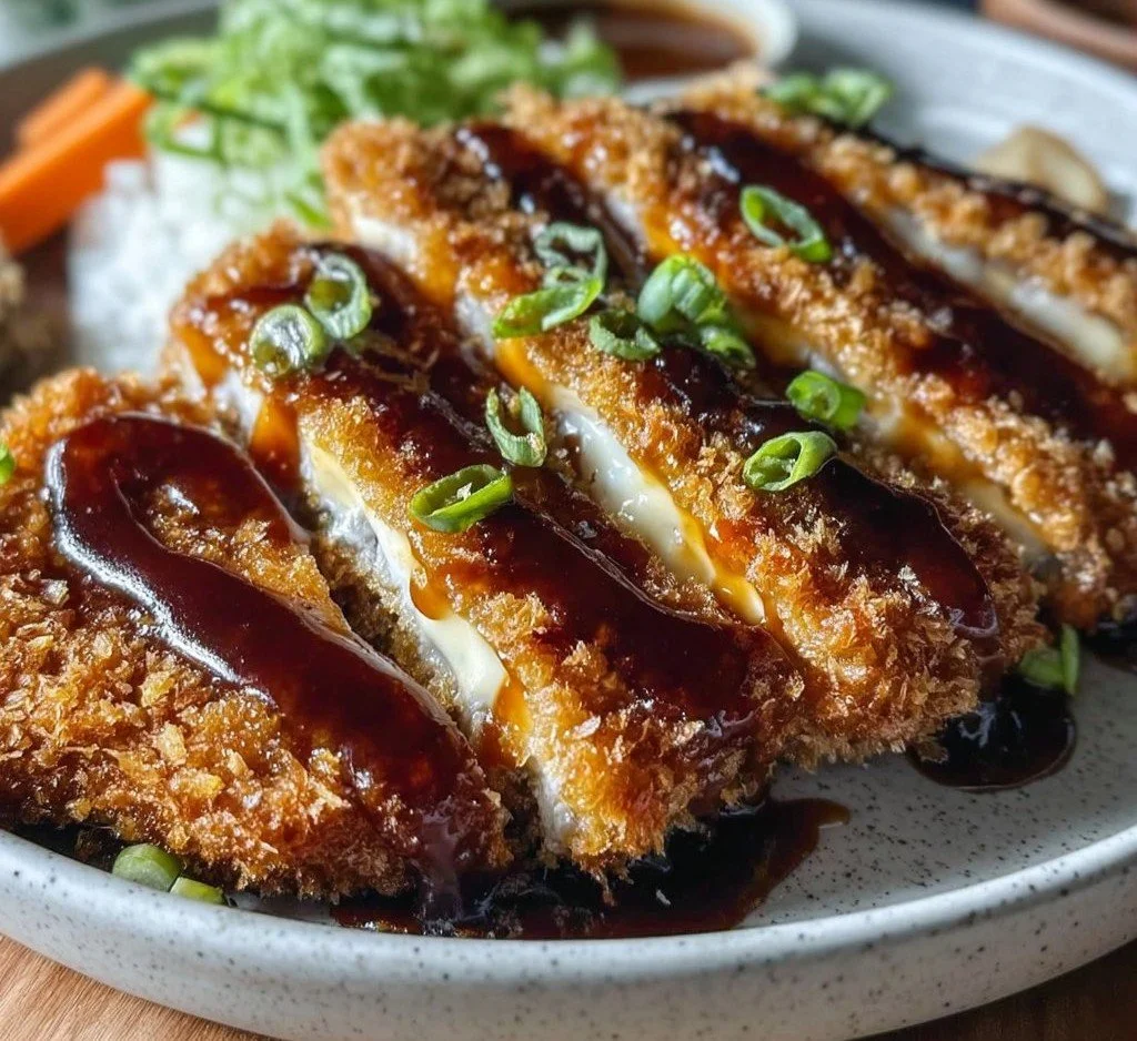 Crispy eggplant katsu served with dipping sauce and garnishes