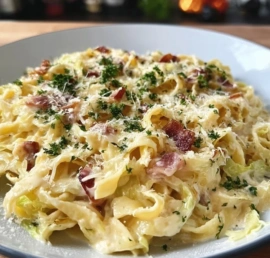 Delicious bowl of easy cabbage carbonara topped with crispy bacon and herbs