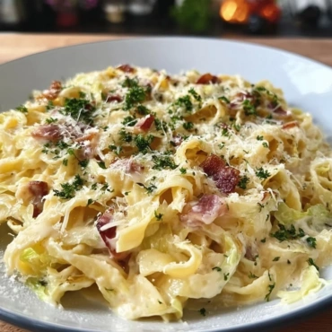 Delicious bowl of easy cabbage carbonara topped with crispy bacon and herbs