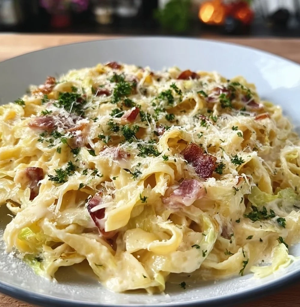 Delicious bowl of easy cabbage carbonara topped with crispy bacon and herbs