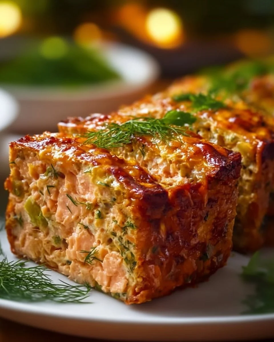 Delicious and easy salmon loaf served on a plate with herbs