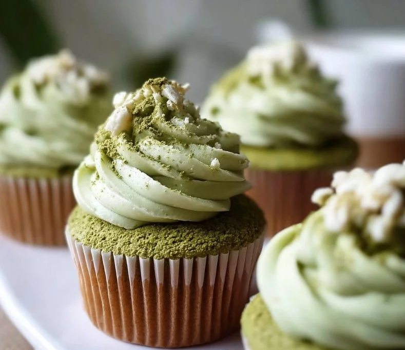Delicious fluffy matcha cupcakes topped with green tea frosting