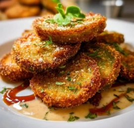Plate of crispy fried green tomatoes served with dipping sauce