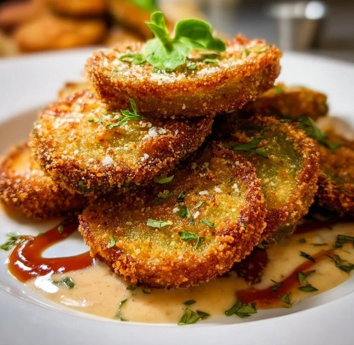 Plate of crispy fried green tomatoes served with dipping sauce