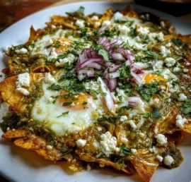 Delicious plate of Green Chilaquiles topped with avocado and cilantro.