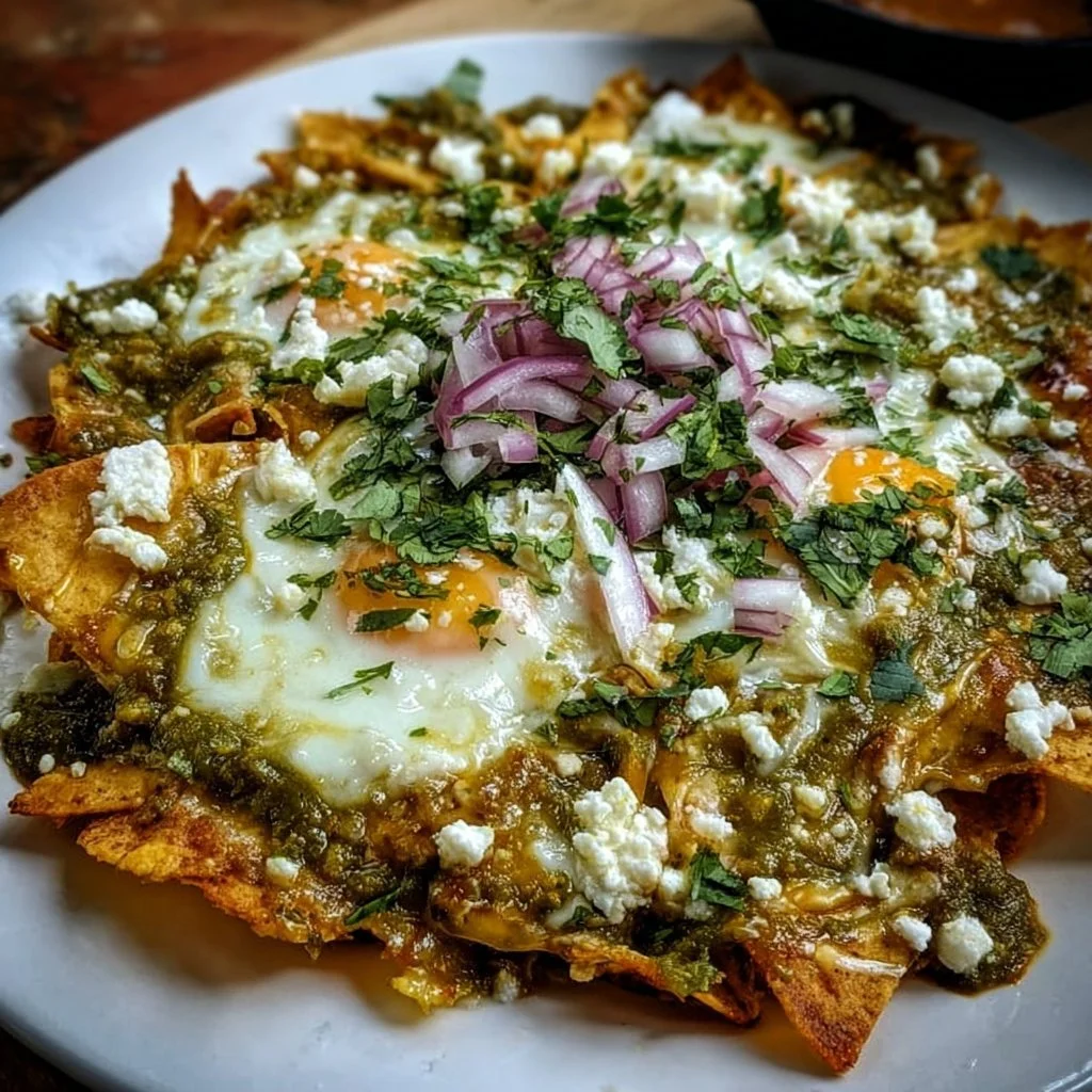 Delicious plate of Green Chilaquiles topped with avocado and cilantro.