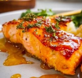 Delicious hot honey salmon fillet drizzled with spicy honey glaze
