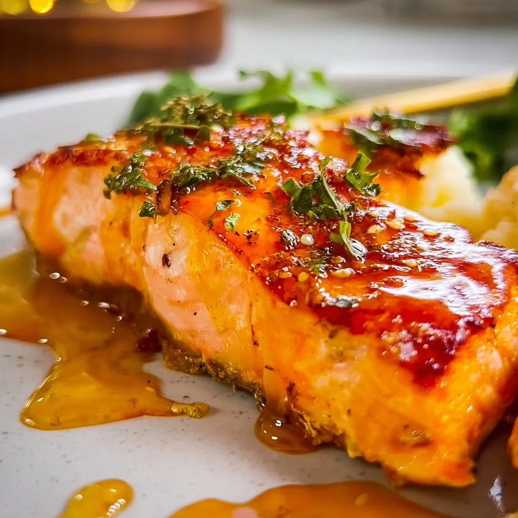 Delicious hot honey salmon fillet drizzled with spicy honey glaze