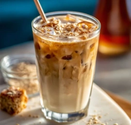 Iced Brown Sugar Oatmilk Shaken Espresso in a glass with ice and coffee