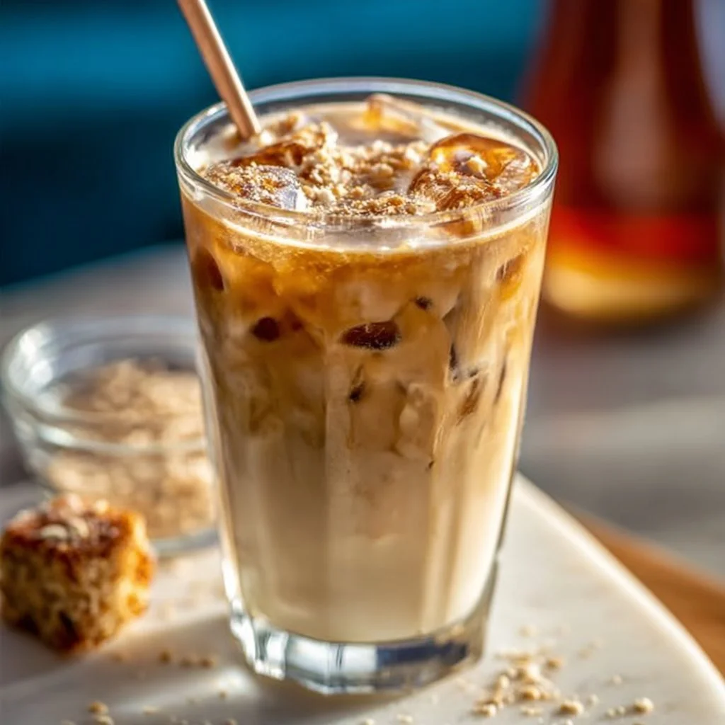 Iced Brown Sugar Oatmilk Shaken Espresso in a glass with ice and coffee