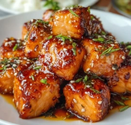 Honey Garlic Salmon bites served on a plate, ready in 25 minutes.