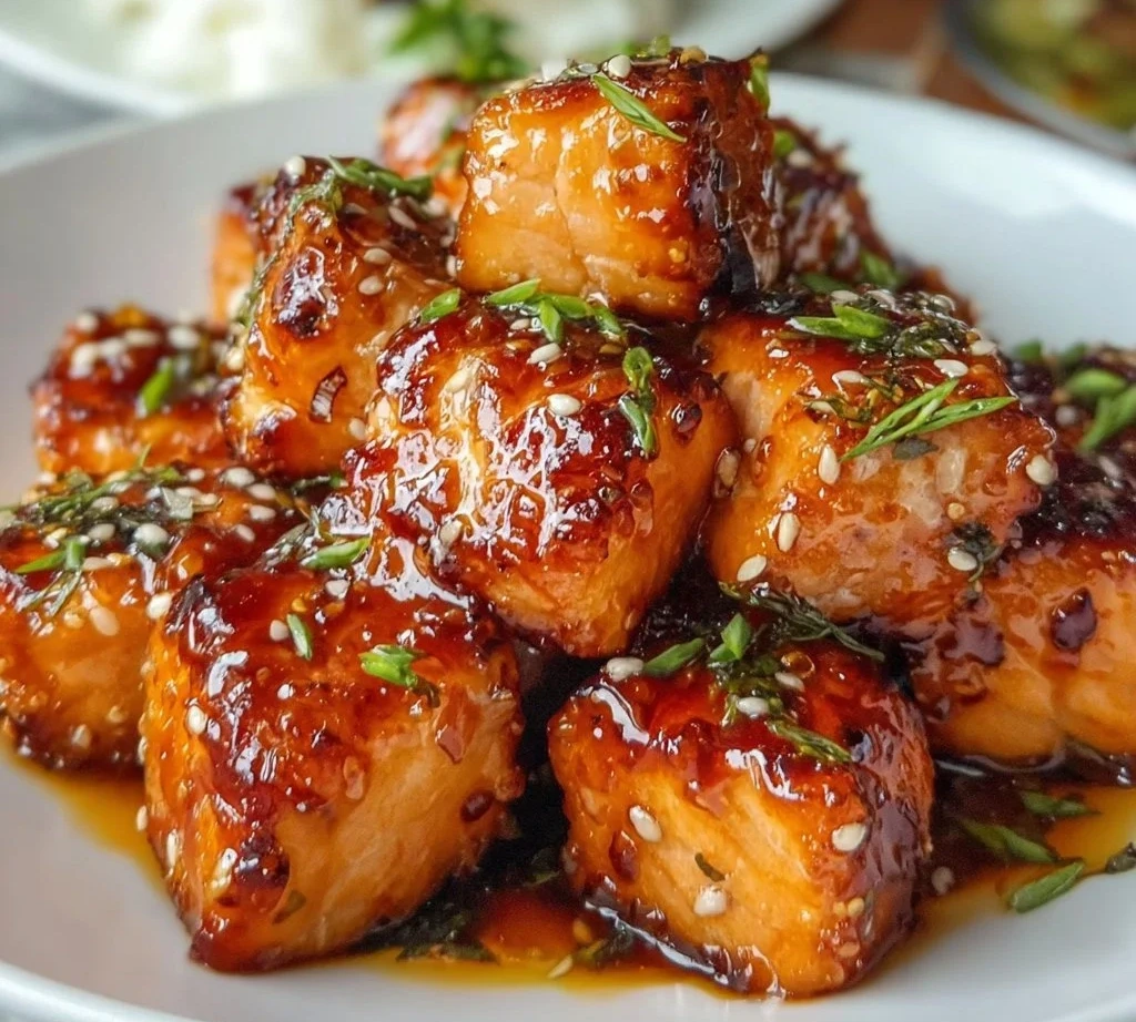 Honey Garlic Salmon bites served on a plate, ready in 25 minutes.