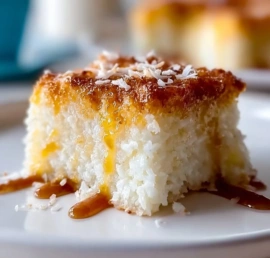Irresistible sticky coconut cake ready to be served on a wooden table
