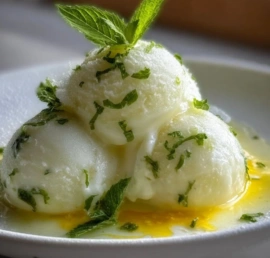 Delicious homemade Lemon Basil Sorbet in a bowl with fresh basil and lemon slices