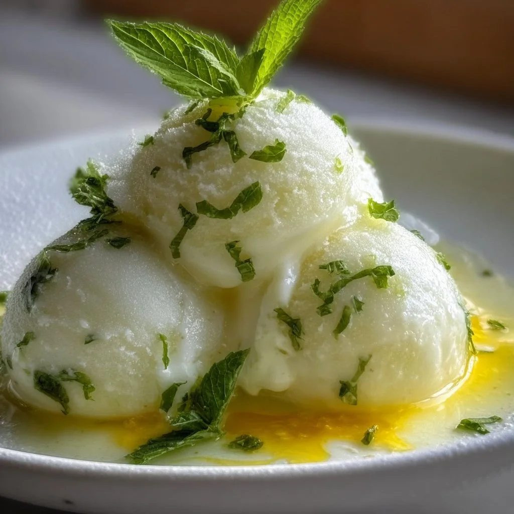 Delicious homemade Lemon Basil Sorbet in a bowl with fresh basil and lemon slices