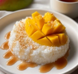 A serving of mango sticky rice topped with ripe mango slices and coconut sauce.