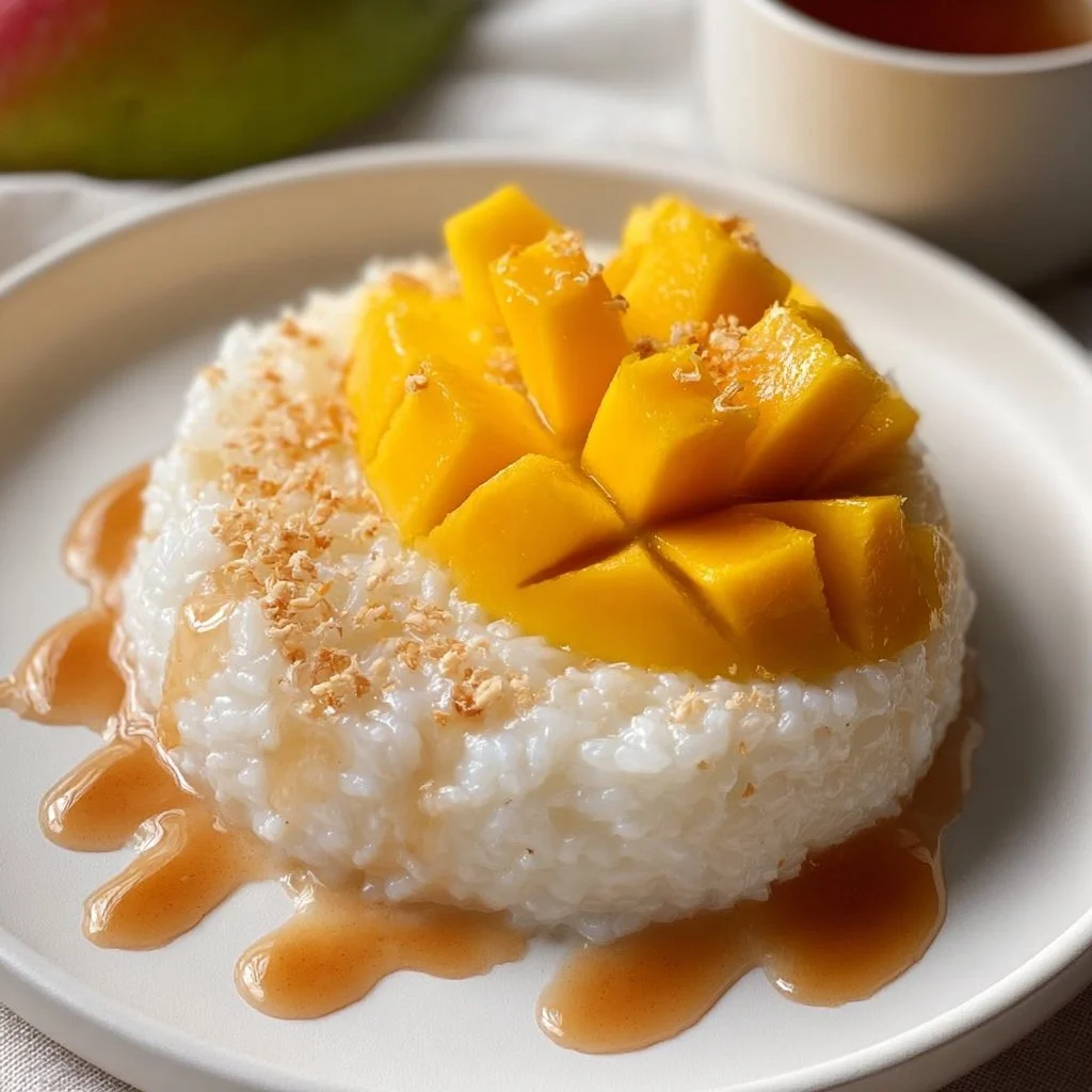 A serving of mango sticky rice topped with ripe mango slices and coconut sauce.