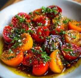 Delicious marinated tomatoes infused with umami flavors in a serving bowl.