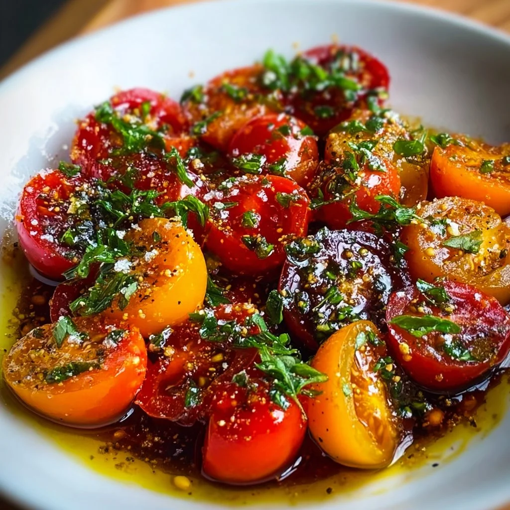 Delicious marinated tomatoes infused with umami flavors in a serving bowl.