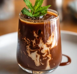 Mint chocolate cold brew coffee topped with mint leaves and chocolate shavings.