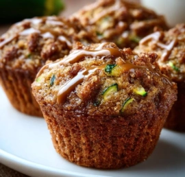 Freshly baked moist zucchini muffins on a cooling rack.