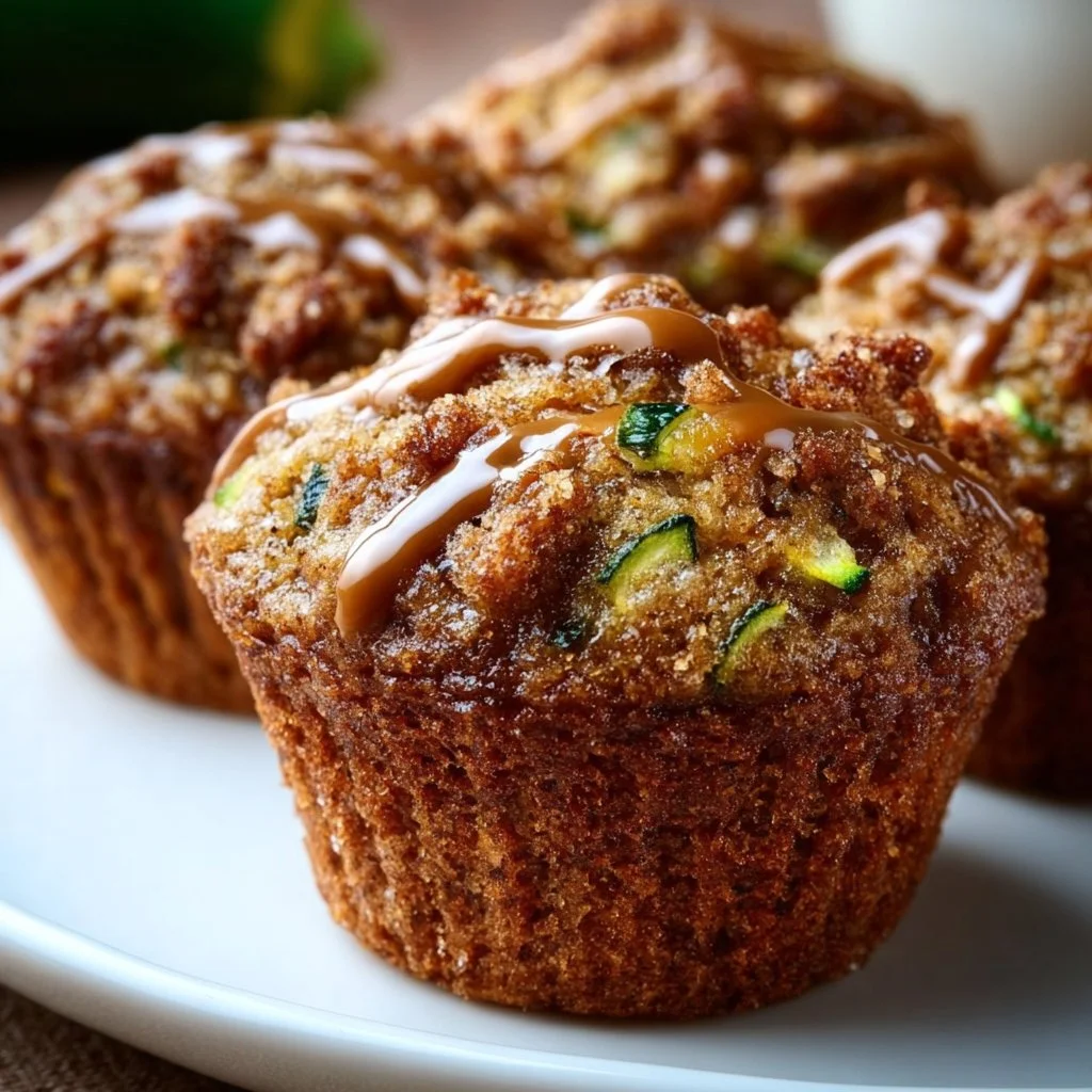 Freshly baked moist zucchini muffins on a cooling rack.