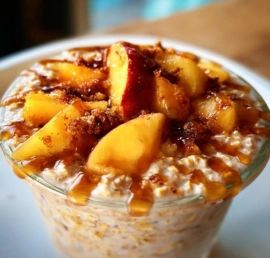 Bowl of peach cobbler overnight oats topped with fresh peaches and granola.