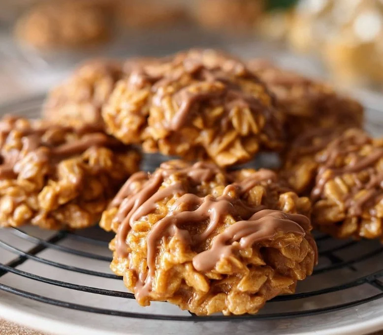Plate of delicious peanut butter no-bake cookies topped with chocolate