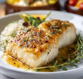 Plate of baked halibut fillets garnished with herbs and lemon
