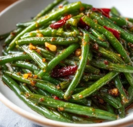 Sizzling garlic chili green beans prepared in 15 minutes, a quick side dish.