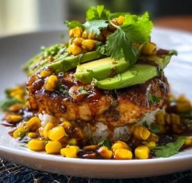 Smoky Honey Lime Chicken and Avocado Stack on a plate with fresh ingredients
