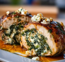Delicious Spinach and Feta Chicken Rolls served on a white plate