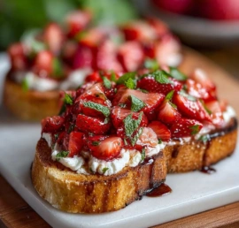 Delicious Strawberry Ricotta Bruschetta on toasted bread, garnished with fresh mint.