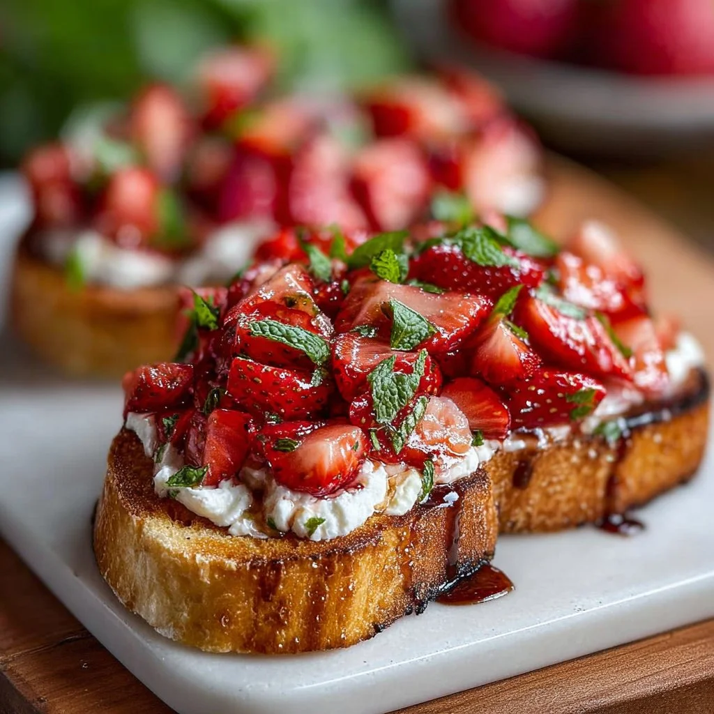 Delicious Strawberry Ricotta Bruschetta on toasted bread, garnished with fresh mint.