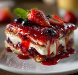 Summer berry jello lasagna with layers of colorful berries and creamy filling