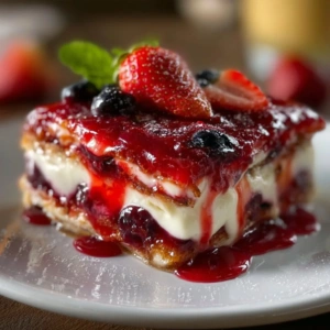 Summer berry jello lasagna with layers of colorful berries and creamy filling