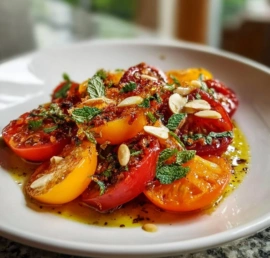 Colorful vegetarian heirloom tomato salad with fresh ingredients.