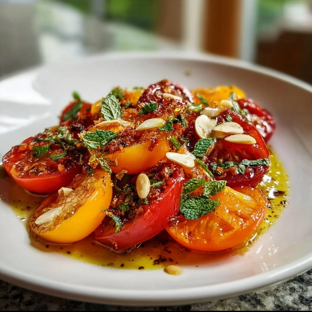 Colorful vegetarian heirloom tomato salad with fresh ingredients.